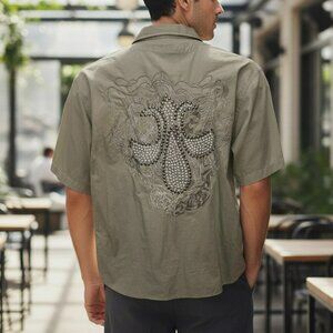 Do Denim Mens Medium Taupe Studded Embroidered Short Sleeve Button Up Shirt M